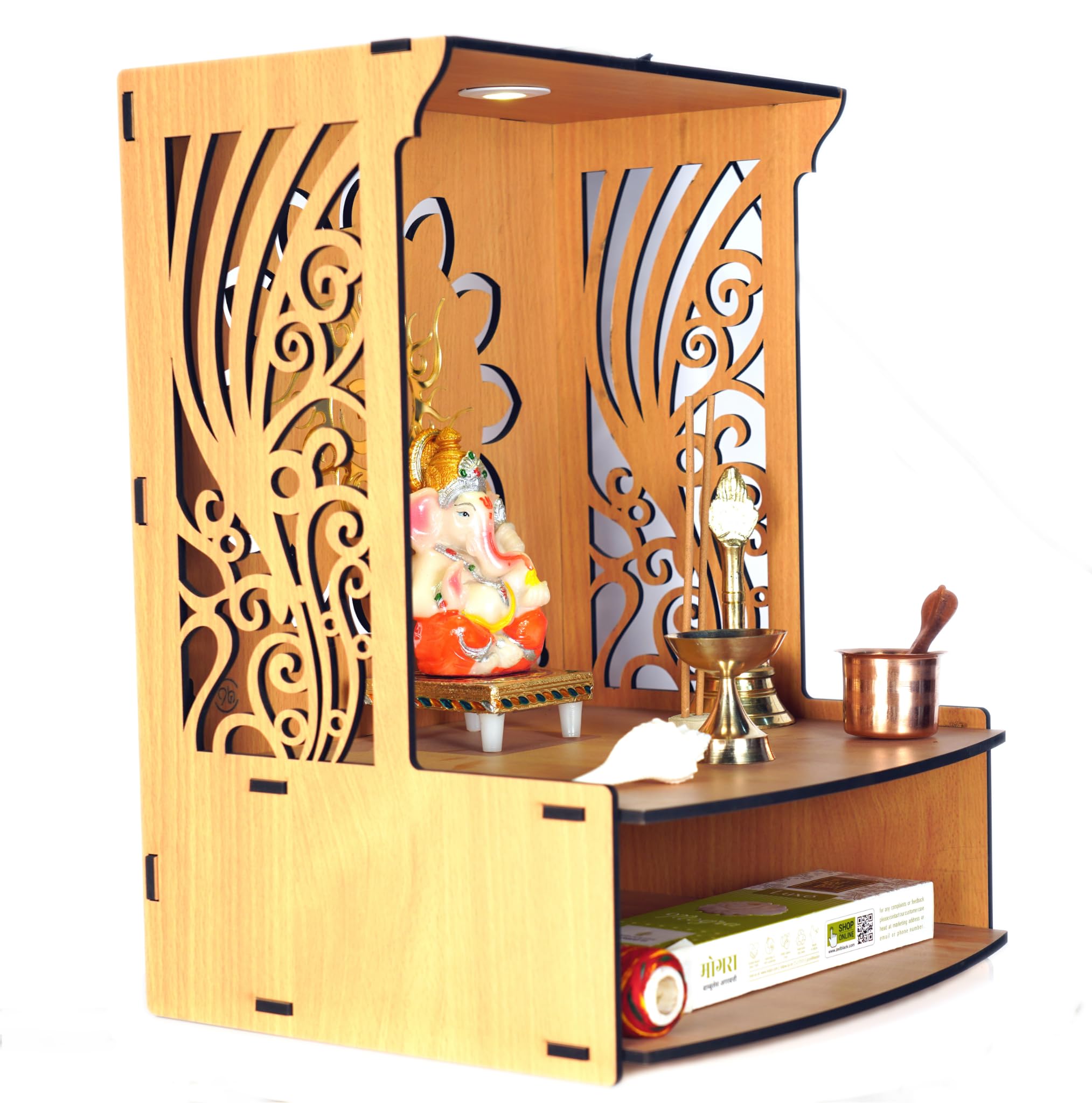 9br® Laabh Beautiful Wooden Pooja Stand for Home Pooja Mandir for Home Temple for Home and Office Puja Mandir for Home Wall Mounted with LED Spot Light Size (H- 15.5, L- 11.5, W-11 in)