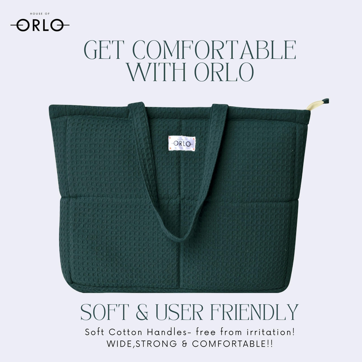 HOUSE OF ORLO Premium Cotton Waffle Quilted Tote Bag, Large Spacious Handbag for College, Office, Work, Travel, Shopping & Daily Use - Forest Green