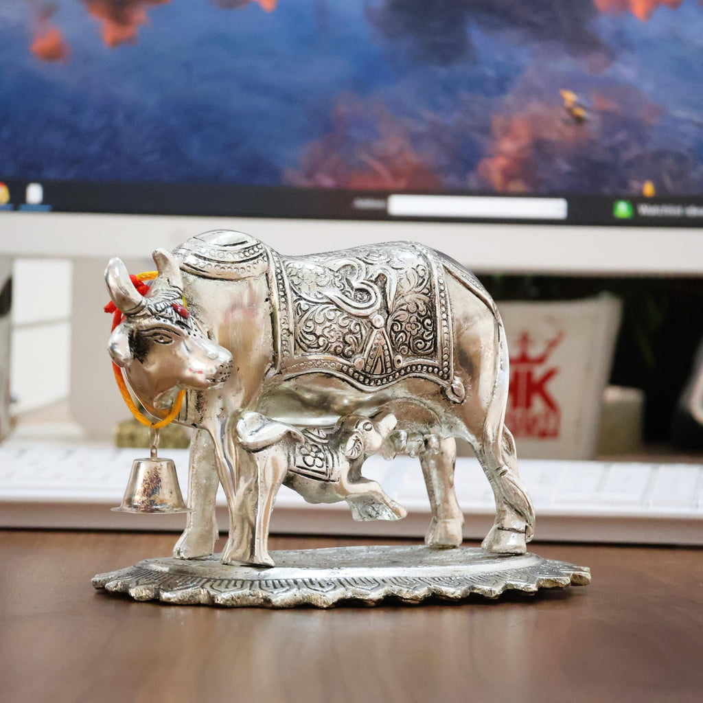KridayKraft Metal Om Kamdhenu Cow and Calf Metal Statue for Good Luck,Feng Shui As Table Top Figurine,Vastu,Religious Gau MATA Idol Home,Office&Table Decorative,Animal