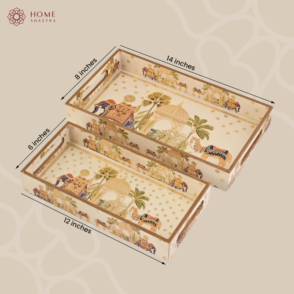 HomeShastra® Wooden Serving Tray with Gold Engraving | Set of 2 | Size : 14 x 8 inch & 12 x 6 inch | Enamel Coated Waterproof | Rectangular | Decorative Trays | Royal Camel Medium & Small