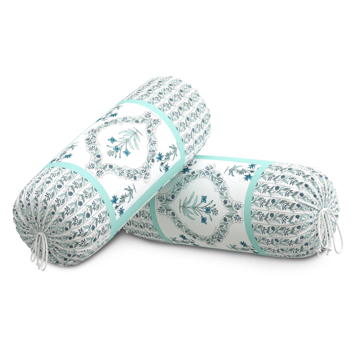 BLOCKS OF INDIA Cotton Hand Block Printed Bolster Cover | Booster Cover with Drawstring | Round Long Pillow Cover for Bed | Dewan Pillow Cover Set 16 X 32 | Set of 2 (Turquoise BEL)