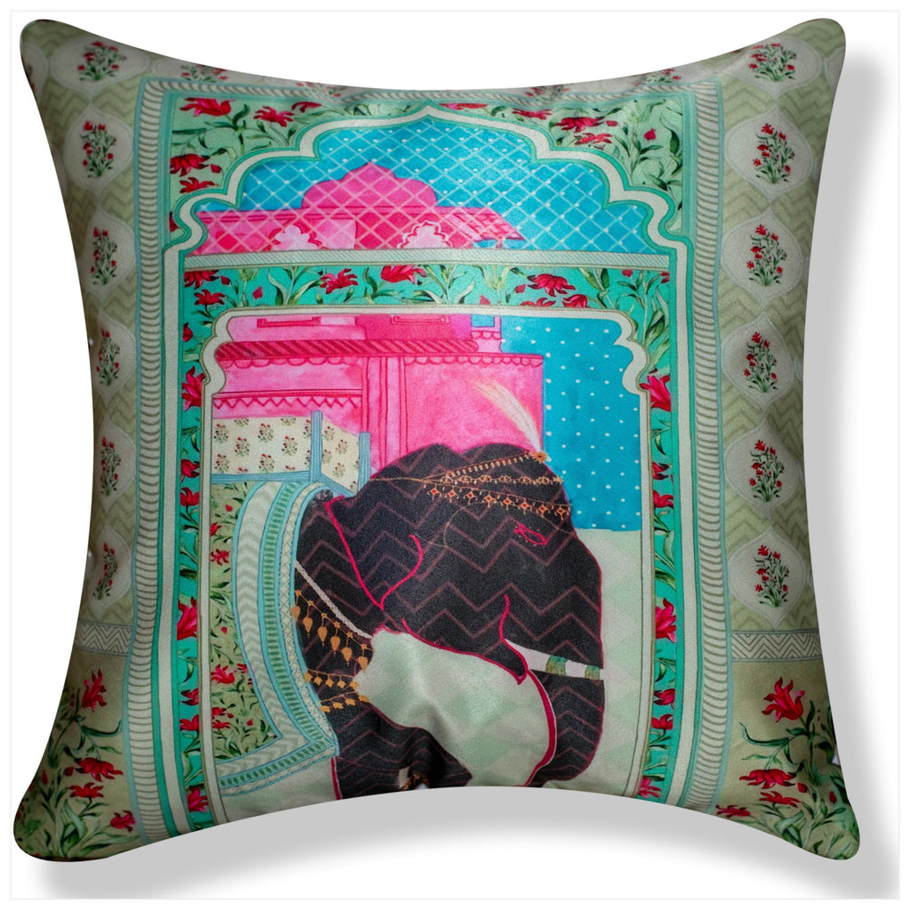 Vendola Decorative Satin Sofa Cushion Covers Set of 5, 12 inch x 12 inch, Sofa Pillow Cover, Ethnic Festive, Multicolor, Elephant Peacock Design, Zipper Closure (Majestic, 12X12 Inches)