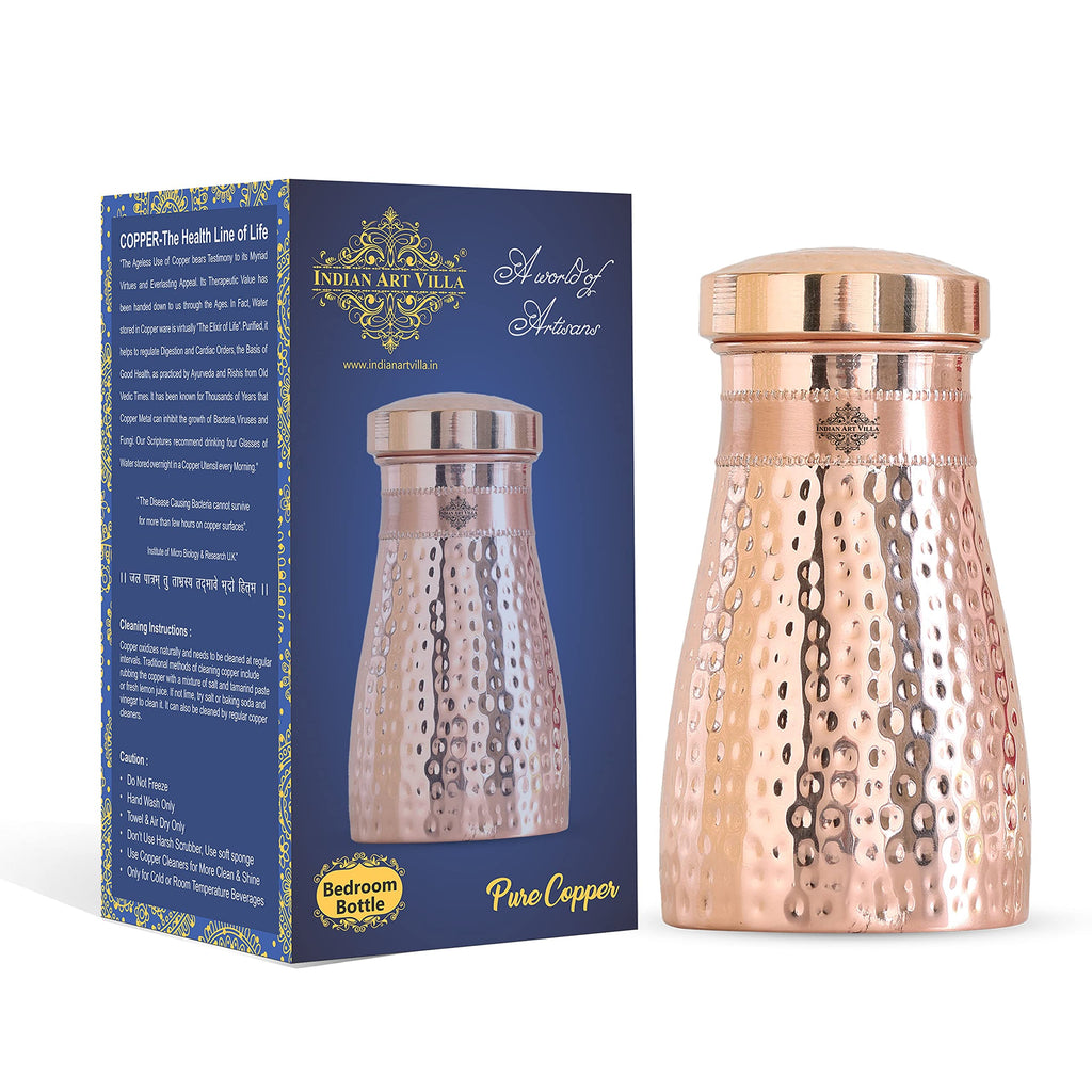 INDIAN ART VILLA Copper Hammered Shine Design Bedroom Water Bottle with Lid, Volume - 600 ML, Pack of 1