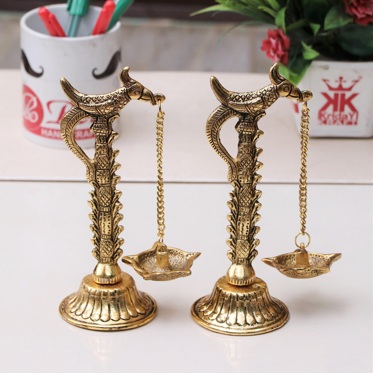 Kridaykraft Parrot Design Metal Hanging with Chain Diya Pair of Parrot Design Bird Diya Deepak Oil Lamp Metal Gold Finish