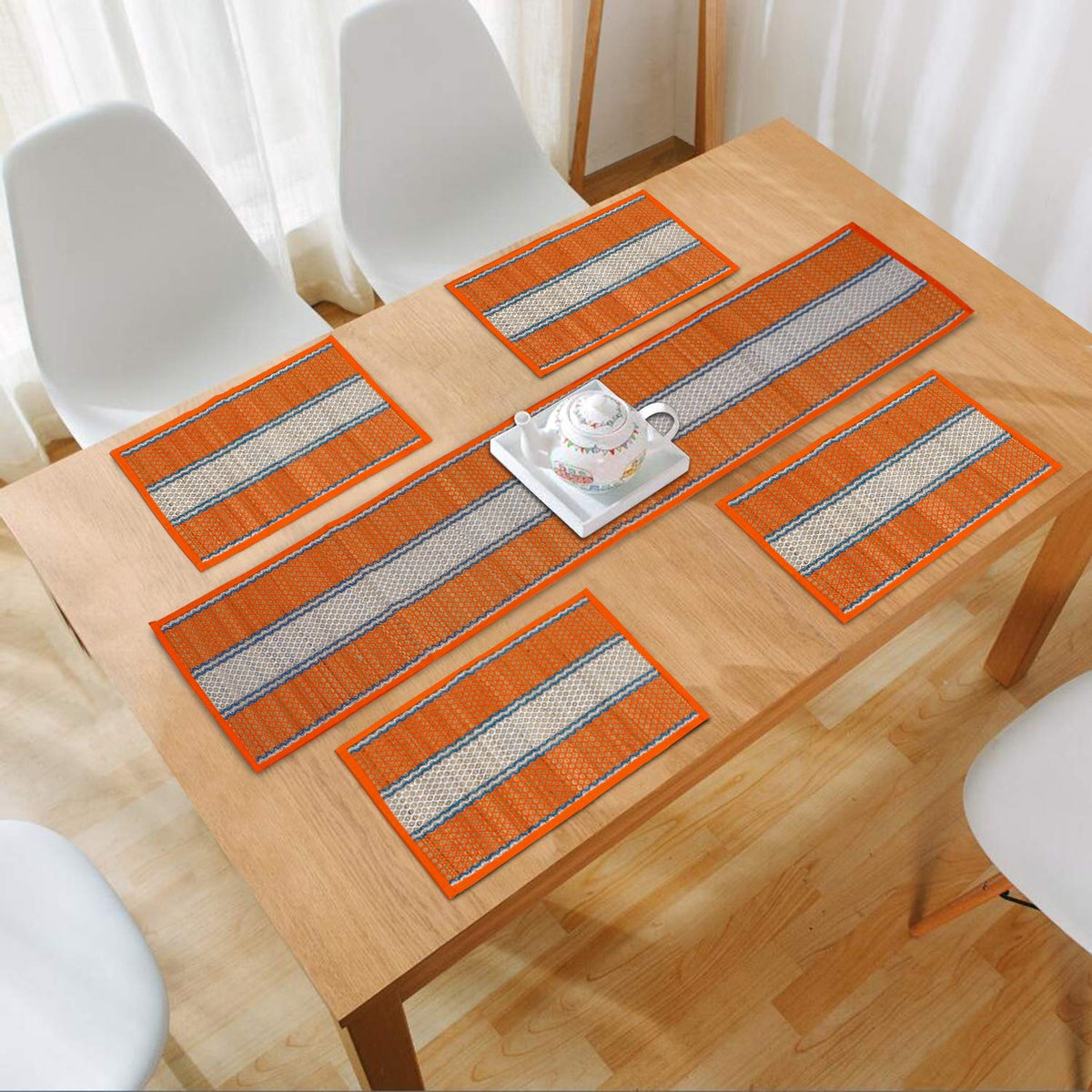 HOKIPO Natural River Grass Handmade Heat Resistant Table Mats with Runner for Dining Table (Orange, Set of 4) Kafalo
