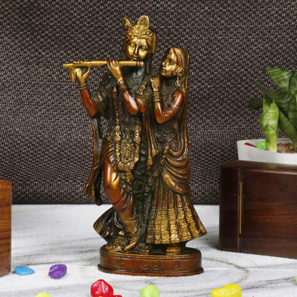 ARTVARKO Radha Krishna Brass Idol Statue Beautiful Divine Love Couple Sculpture Temple Puja Home D?cor Gift Antique Copper Gold 8 Inches