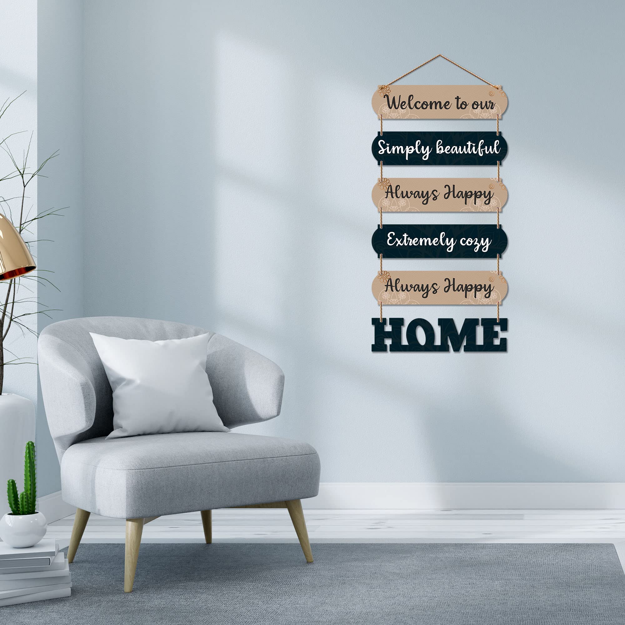 Artvibes Welcome To Our Always Happy Home Wooden Wall Hanger for Gateway | Decor Hanging Ornaments | Door Quotes Hanging | Wall Poster | Modern Decor Items | Gift Items for Home Decor (WH_6609N)