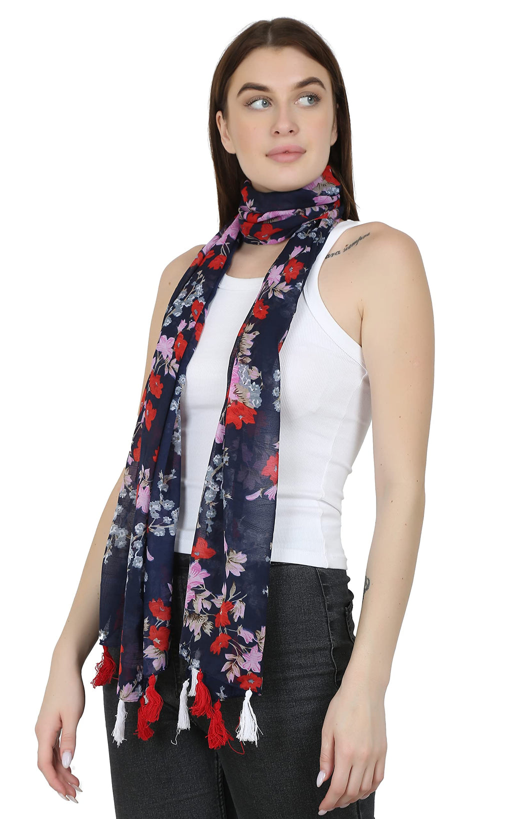 StoleVilla™ Women's Printed Poly Cotton Multicolored Scarf and Stoles with Tassels Set Of STF005