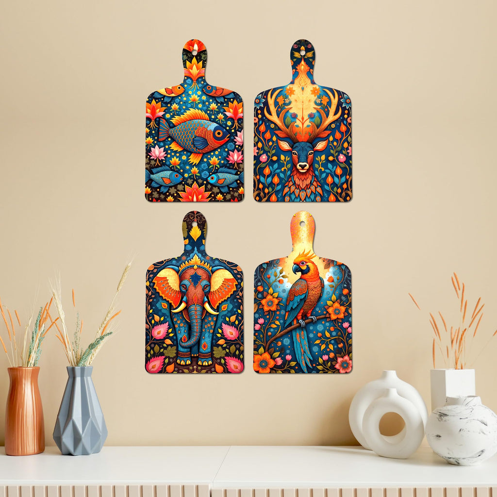 Artvibes Elephant Deer Parrot & Fish Royal Madhubani Art Wooden Art Decoration Item for Home | Handcrafted Art | Graphic Artwork | Wall Illustrations | Sceneries | Gift Items (WH_5634N), Set of 4