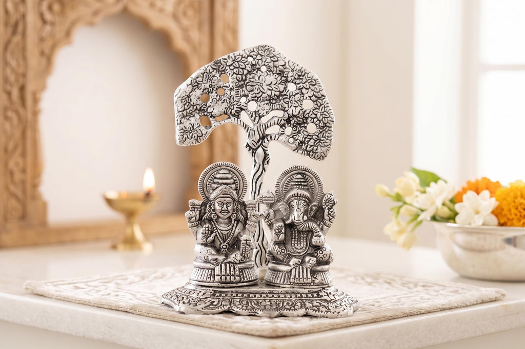 KridayKraft Silver Plated Laxmi Ganesha Tree Idol | Oxidized Finish Lord Ganesha & Goddess Lakshmi Tree Showpiece for Home Decor, Puja, Spiritual Growth, Office Desk, & Diwali Gifting.
