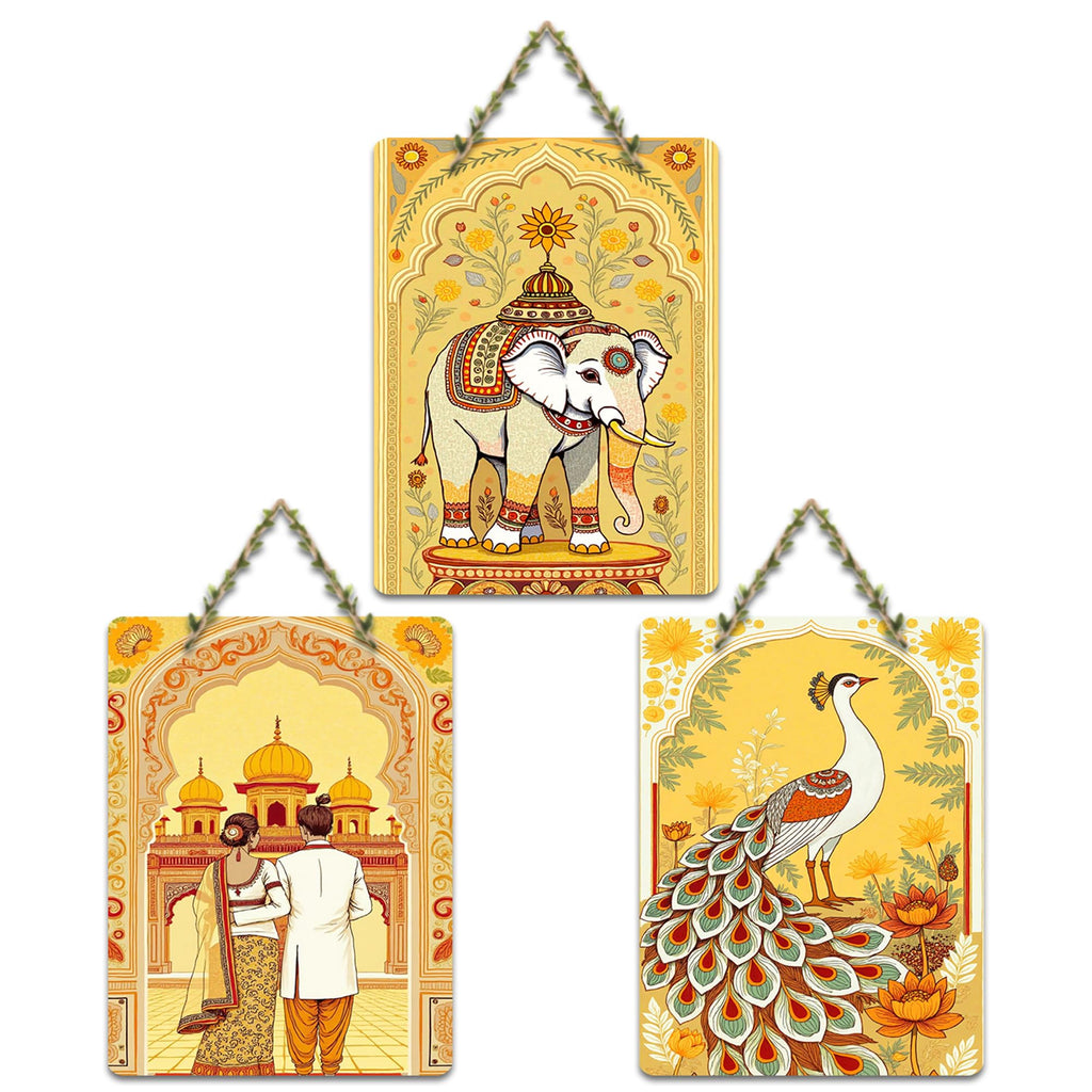 Artvibes Royal Rajasthan Wall Art Home Decorative Wall Art MDF Wooden Wall Hanger for Living Room | Festive Decor Art | Wall Sculpture | Aesthetic Wooden Decor | Unique Gift Item (WH_9641N), Set of 3