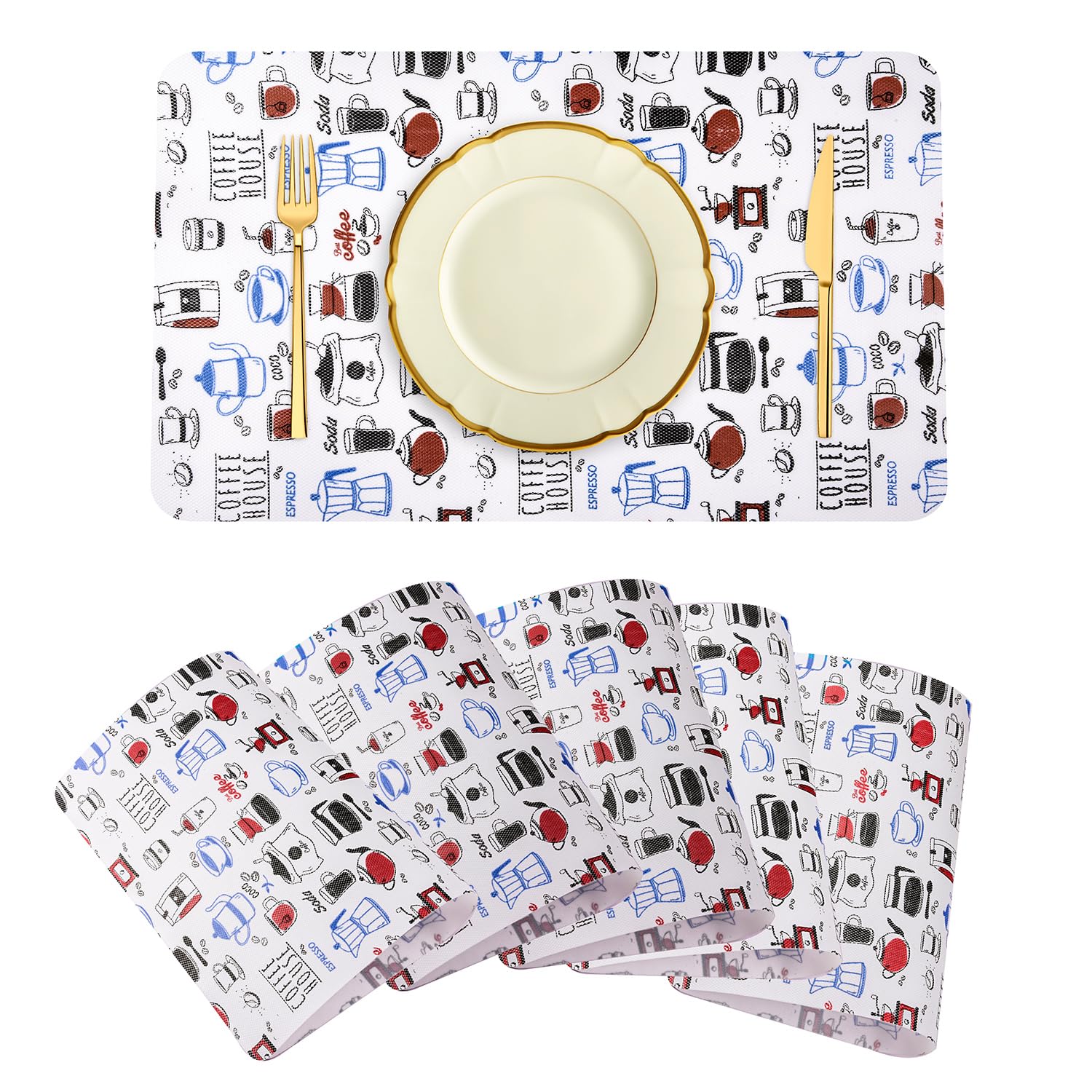 Kuber Industries Placemat | Placemats for Dining Room | Anti-Slip Table Mat Set | Placemats for Kitchen Table | Dining Table Placemats | Coffee House Placemat | 6 Piece Set | Blue Kafalo