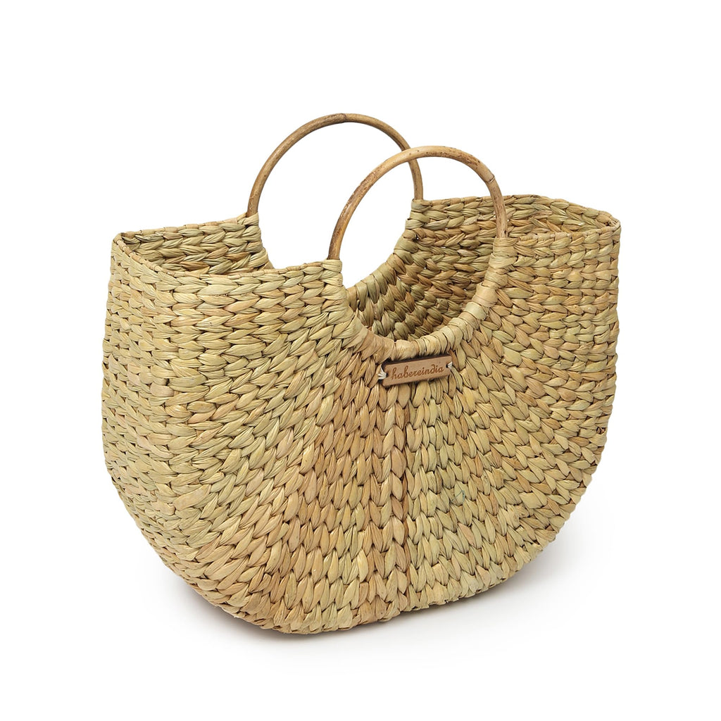 Habere India-All the Cultures Fabricating India U Shape Seagrass Straw Tote Bag for Women | Boho Woven Basket Handbag | Mini Tote Purse, Beach & Summer Handbag (Design 01)