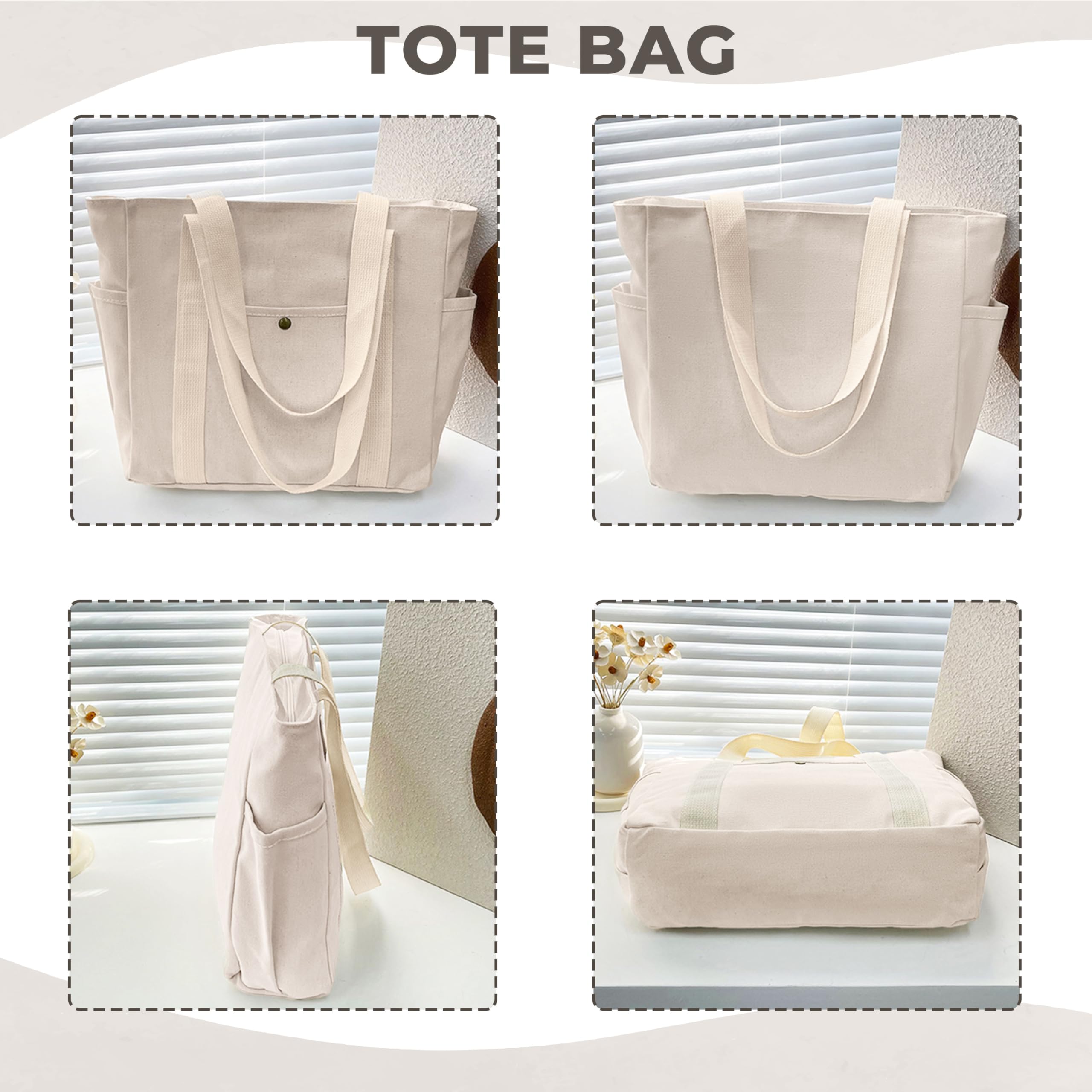 Kraptick Canvas Tote Bags – Stylish Shoulder Tote Bag Everyday Use For Women, Reusable Compact Tote Bag Perfect as a Grocery, Shopping Bags for Grocery - (White Lined)