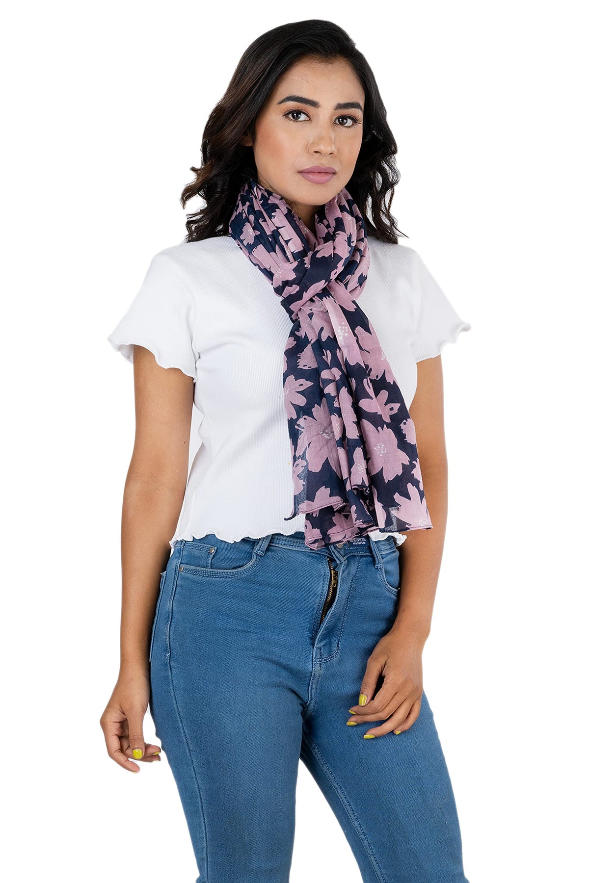 AQVA Printed Cotton Scarf for Women Stylish (Bahar Navy Lilac) | Head and Face Cover Scarf for Girls with 100% Cotton | Soft & Lightweight Scarves/Stoles for all Weather (72 x 43 in)