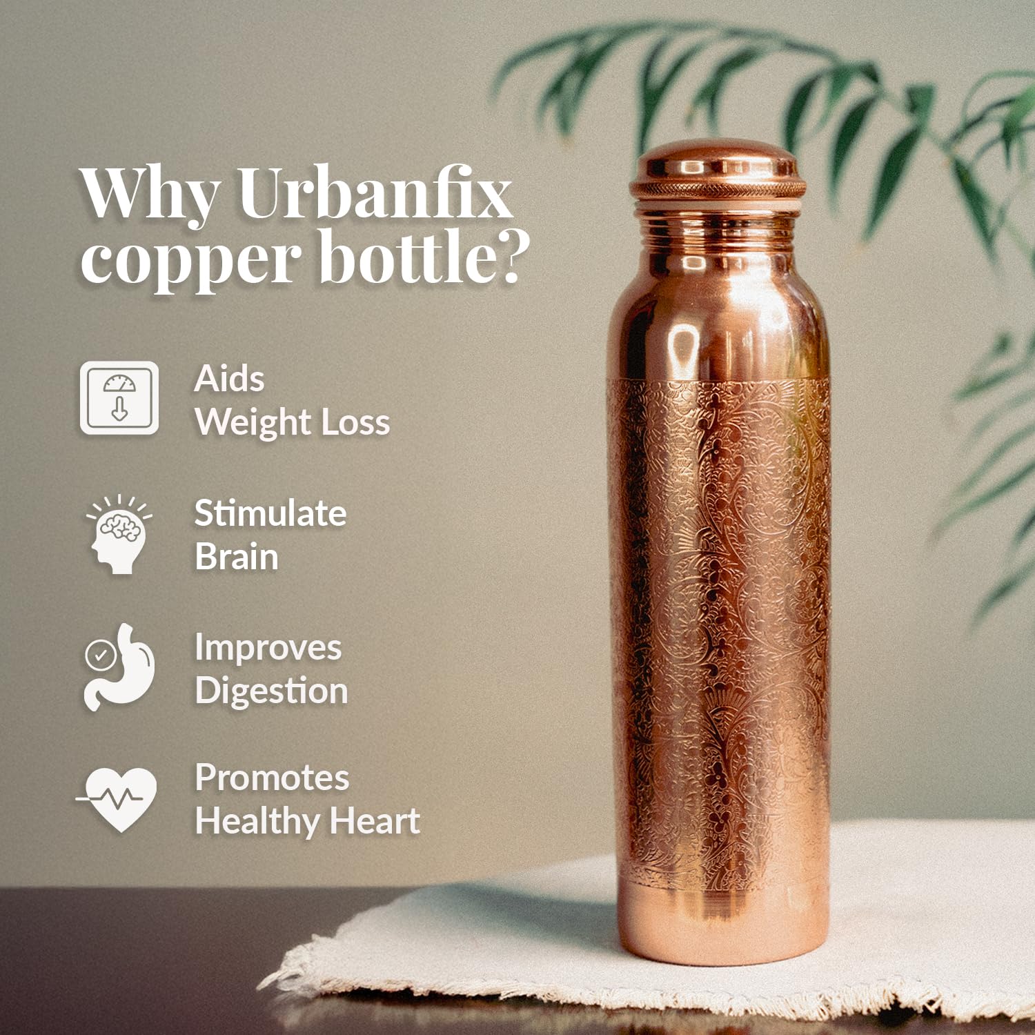 URBANFIX Copper Water Bottle | 100% Pure Copper Water Bottle (1 Litre) | Antimicrobial, Antioxidant & BPA Free Office Bottle, Boosts Immunity, Support Digestive Health| Ayurveda Inspired