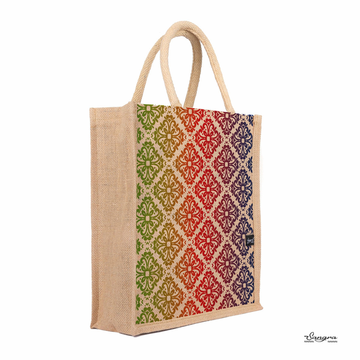 Sangra Multicolor Jute bag for Women and Men Lunch Bag with Zip and Handle Reusable Tiffin Bag Shopping Grocery Bag (Rangoli)