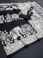 BRAHMAKHODAL Crepe Silk Saree Beautiful Ajrakh Kalamkari Print Design With Blouse Piece (Black1)