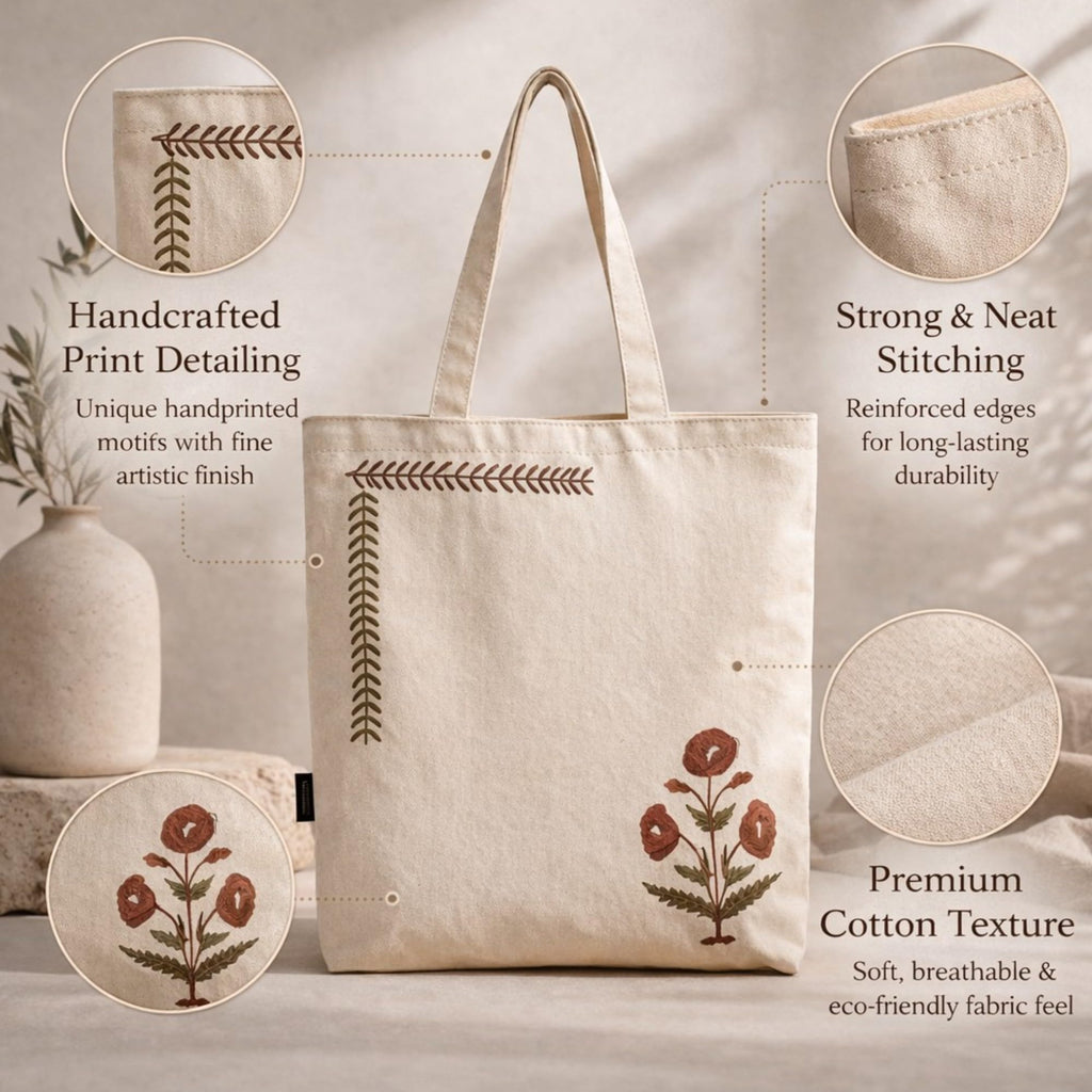 Neelkanth Imprint Hand Printed Floral Cotton Canvas Tote Bag, Eco Friendly Shoulder Handbag for Shopping, Office & Everyday Use
