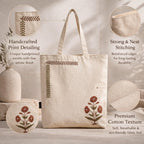 Neelkanth Imprint Hand Printed Floral Cotton Canvas Tote Bag, Eco Friendly Shoulder Handbag for Shopping, Office & Everyday Use