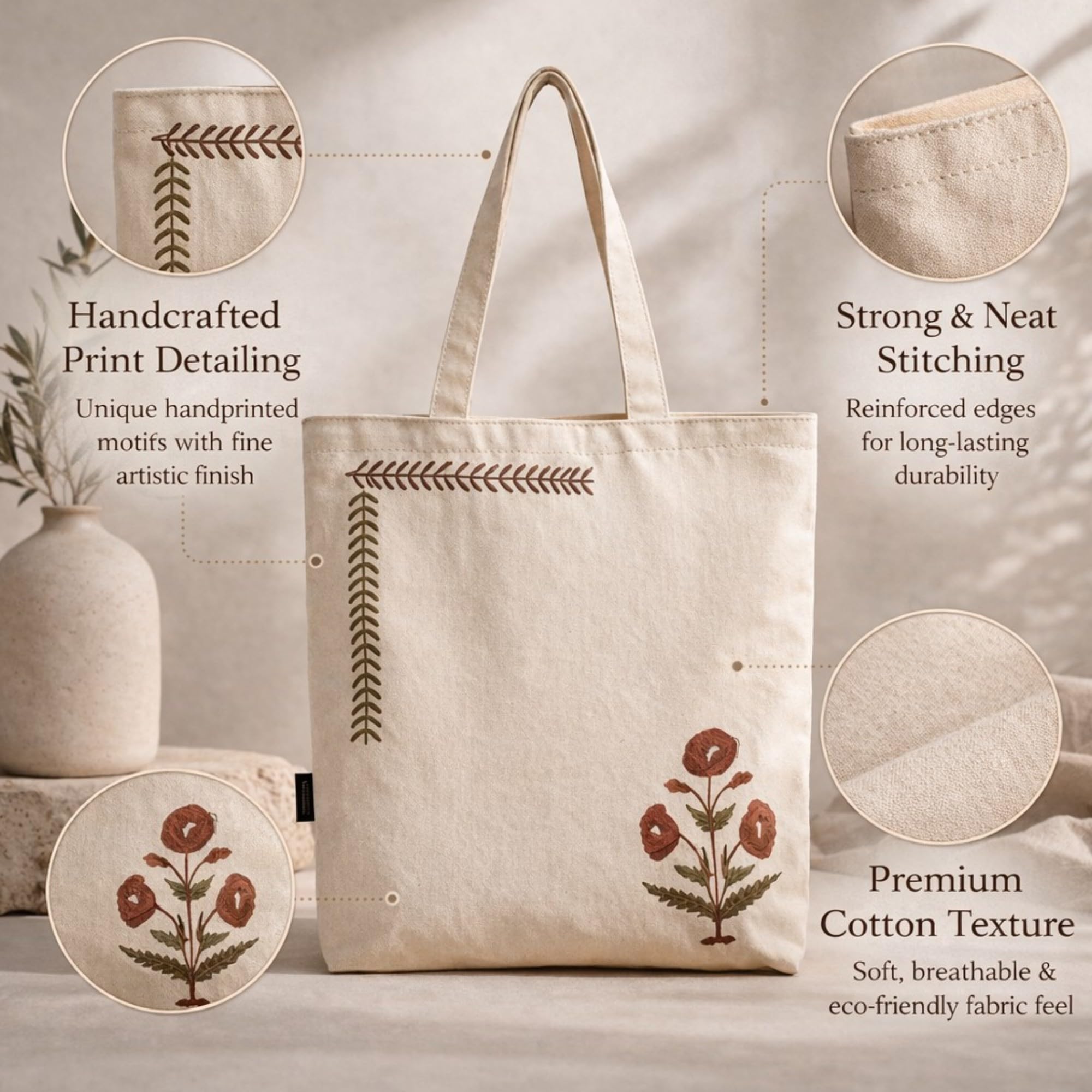 Neelkanth Imprint Hand Printed Floral Cotton Canvas Tote Bag, Eco Friendly Shoulder Handbag for Shopping, Office & Everyday Use