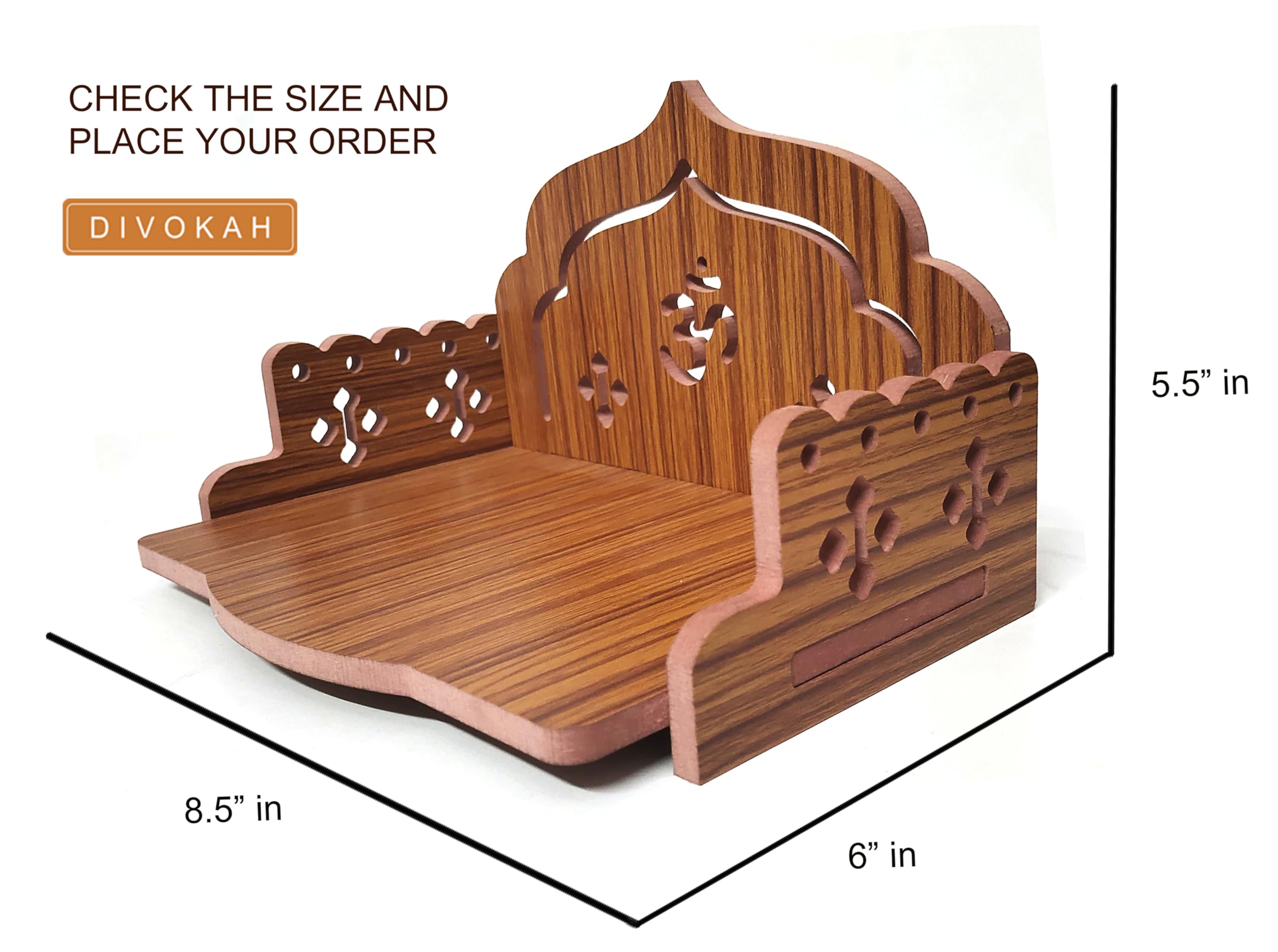 DIVOKAH® Plywood Small Wooden Temple for Home Office and Shop/Sinhasan/Pooja Stand/Hindola (8.5 in * 6 in * 5.5 in) (8 MM Plywood Thickness) (WDN OMASAN)