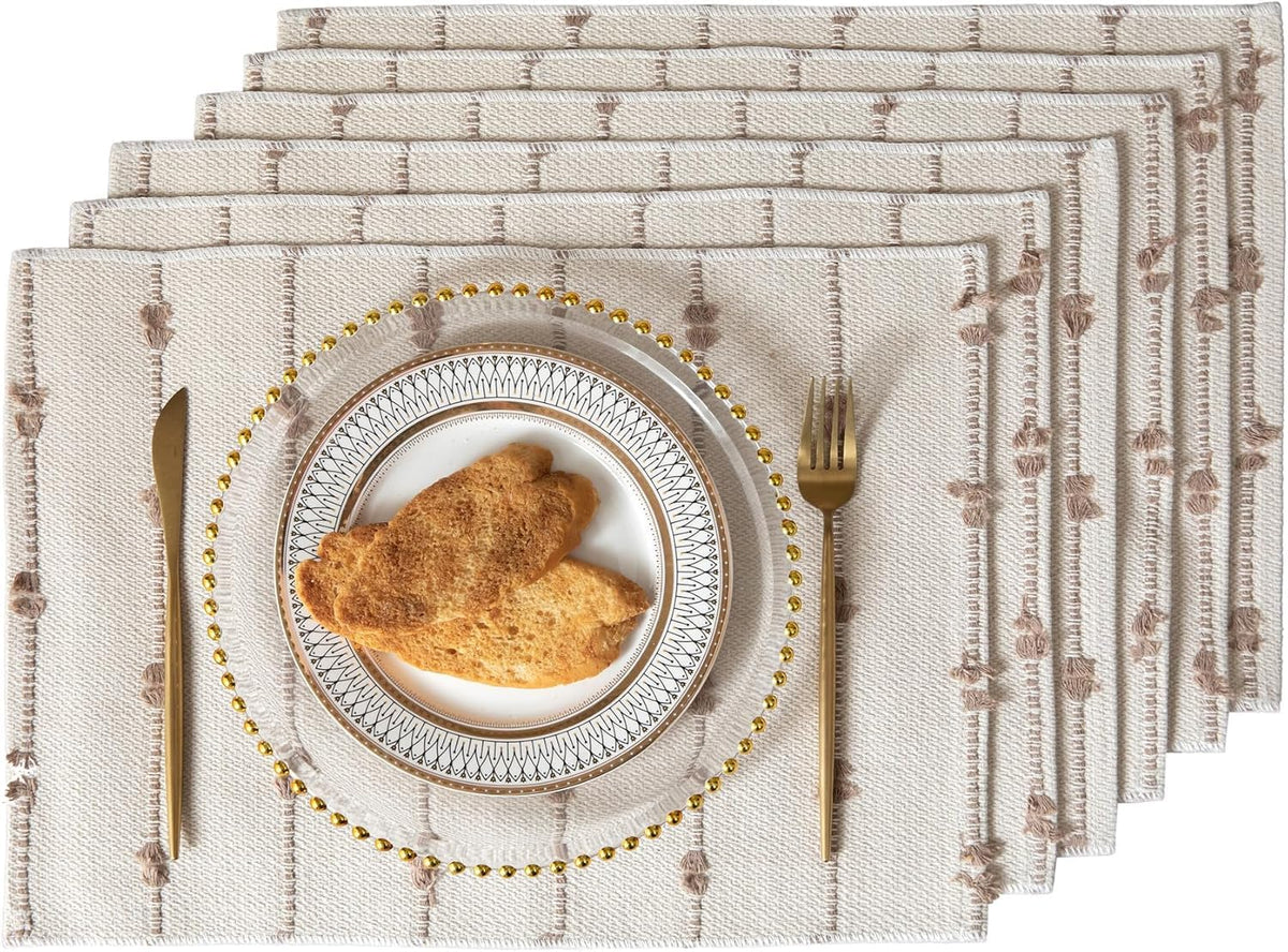 ALSTONIA Handmade Cotton Dining Table Placemats | Heat Resistant Dining Table Place Mats |Kitchen Tabletop|Kitchen Coffee Center Table & Eating Areas (Beige & White, 6 Pcs Placemats) Kafalo