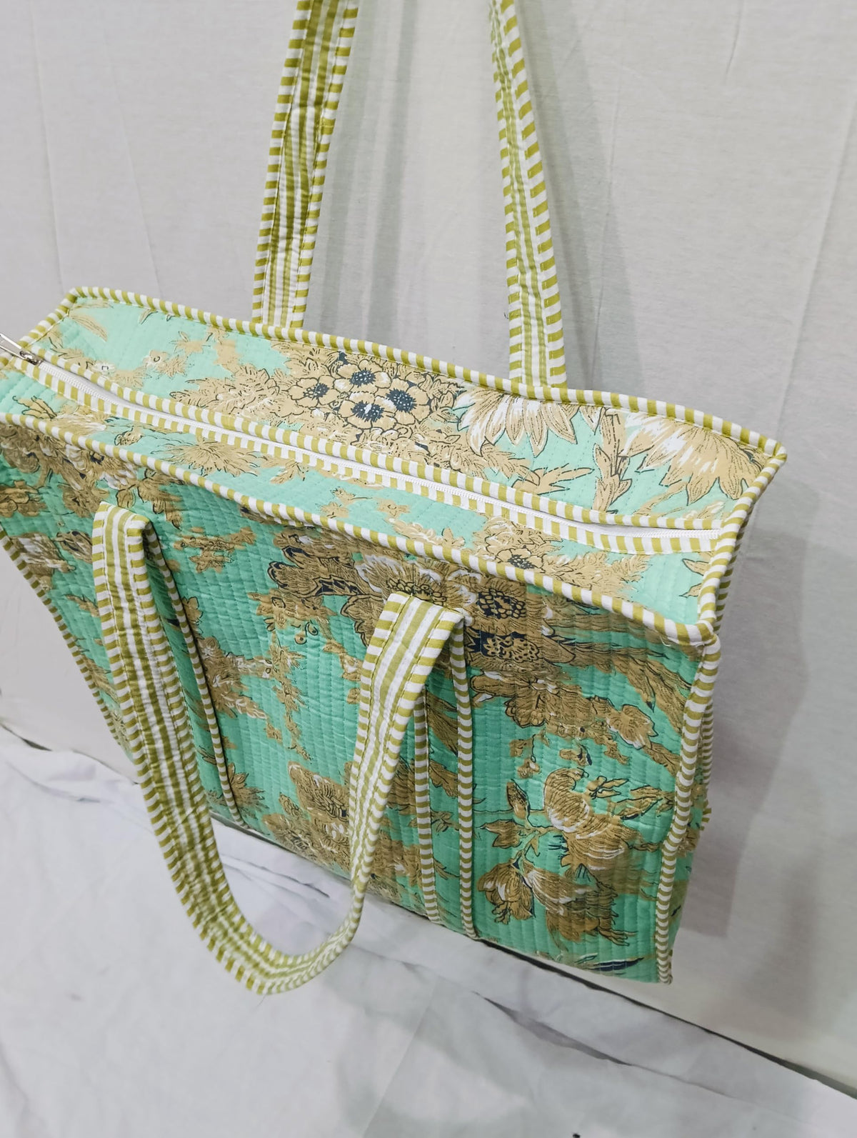 Raj Handicrafts Cotton Printed Tote Bag,Hand Bag Multicolor Quilted Hand Block Floral Printed Women's Carry Bag Shoulder Shopping Tote Bags 18x5.5x16 Inch (Sea Green 3)