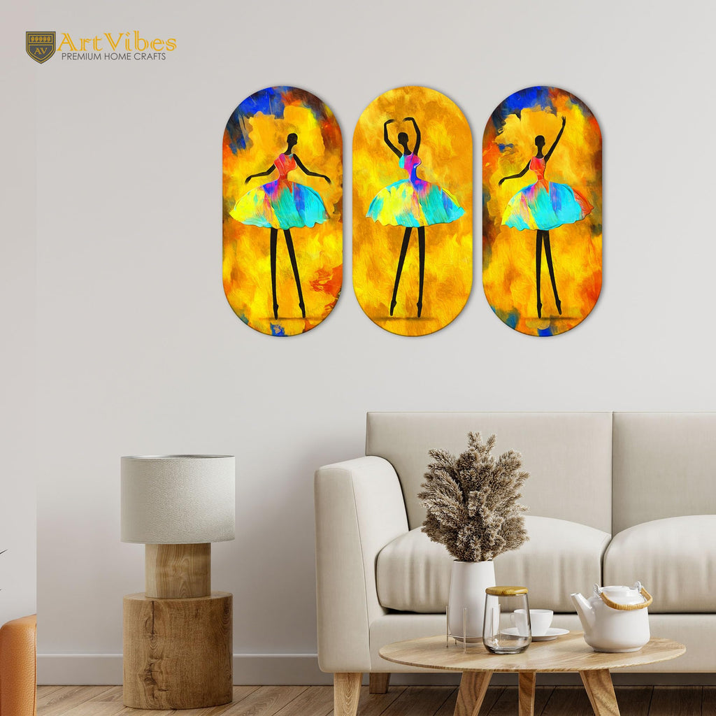 Artvibes Ballerina Dancing Abstract Art Wooden Wall Hanger for Home | Office | Living Room | Gift | Modern Decoration Items | Kitchen Wall Decor | Artworks (WH_9007N), Set of 3