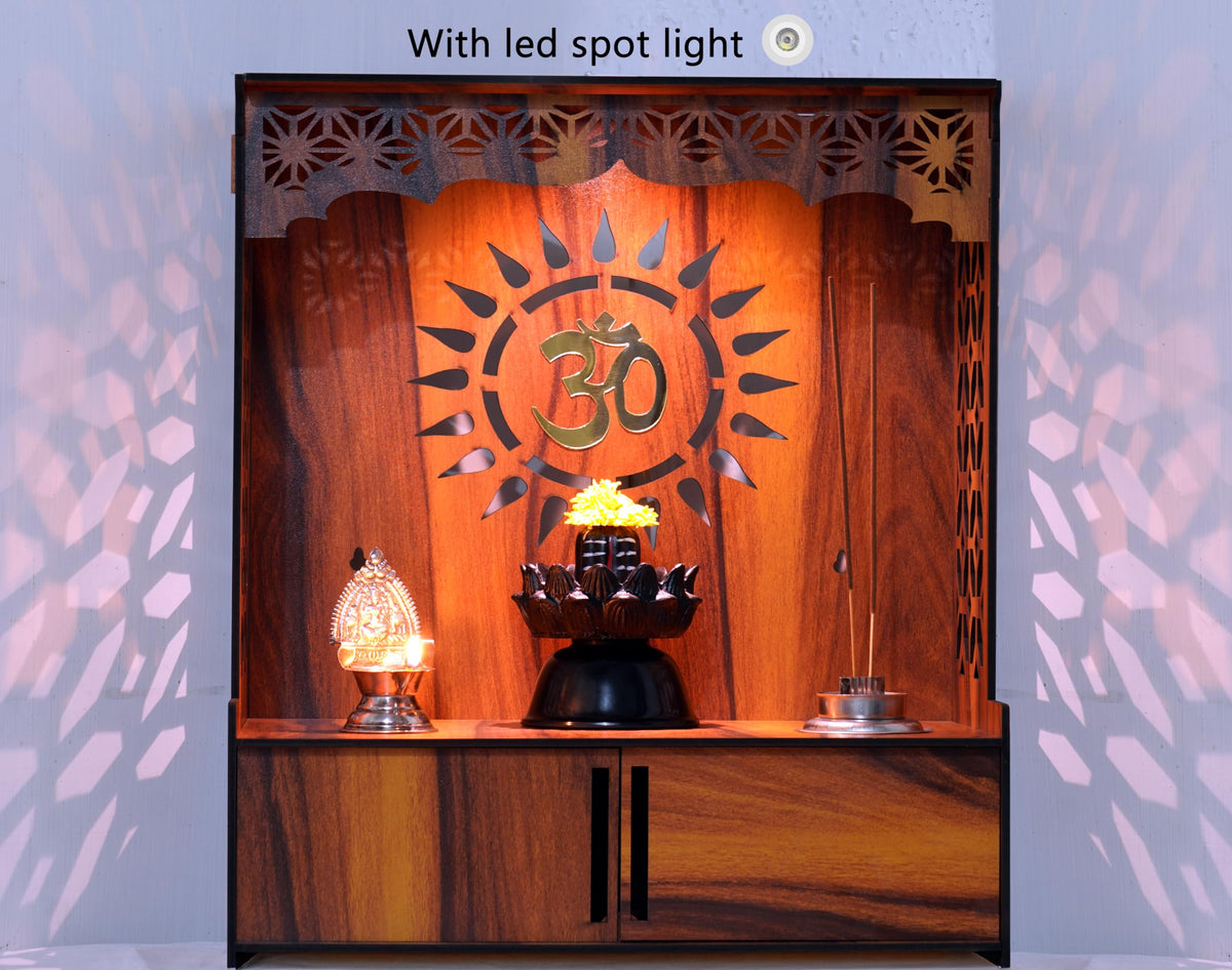 Krevvy Mandir for Home Small Size with Door | Compact Puja Mandir Temple | Assembly Required | Wall Mounted Wooden Temple for Home and Office with LED Light (H-18, L-16, W-8.5 inch)