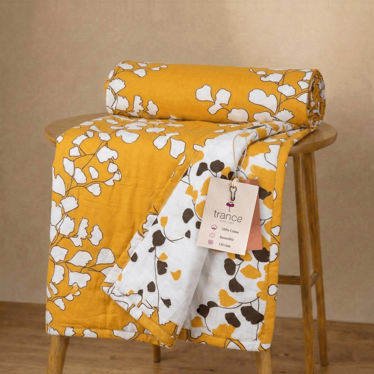 Trance Home Linen Premium 100% Cotton Dohar for Single Bed | 150 GSM | Reversible Ac Comforter | Light Weight All Season Soft Blanket (58x90 Inches | Mustard White Reversible) Kafalo