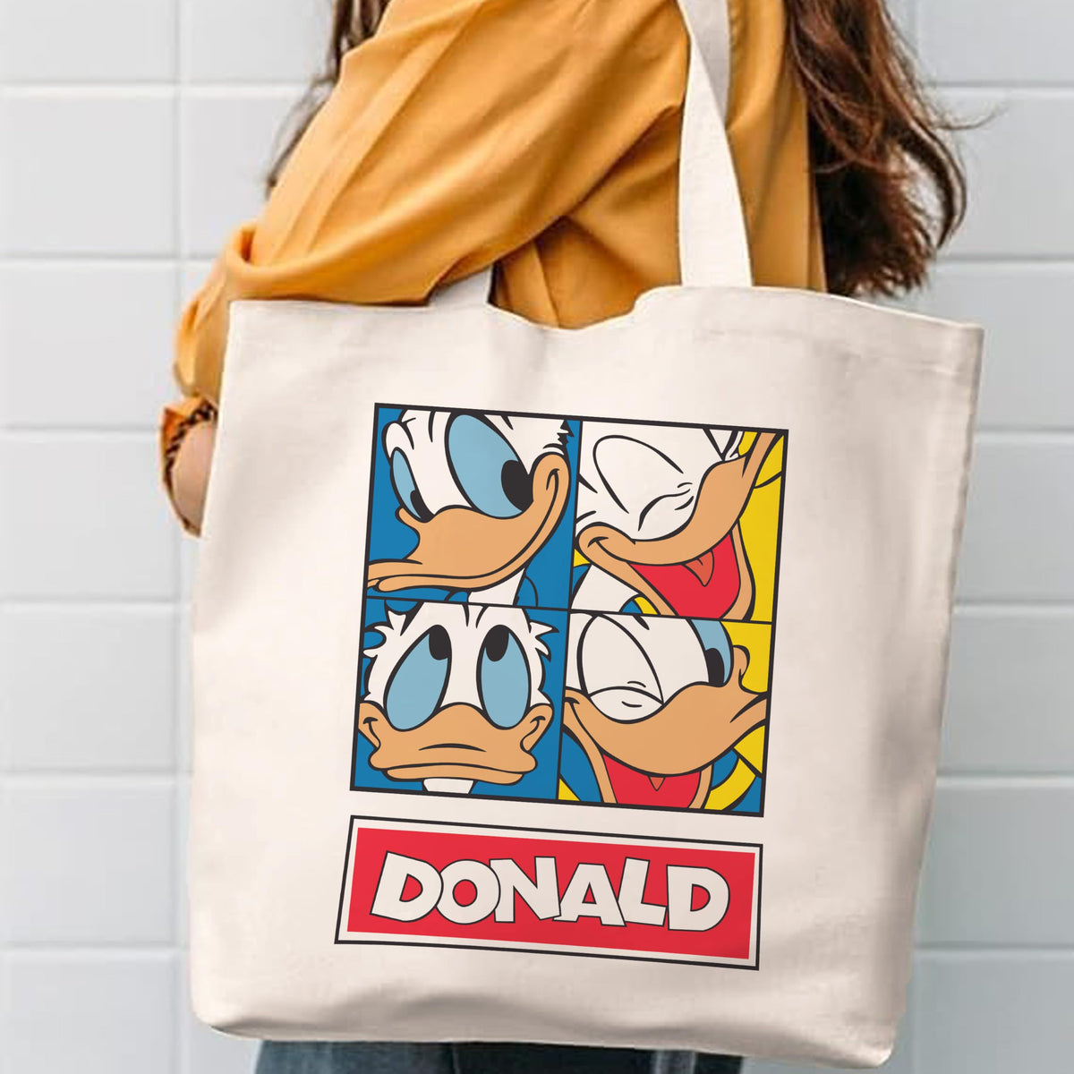 Darkbuck Cartoon Canvas Tote Bag For Women & Men Shoulder Unisex Zipper Lock White Totebag Donald Duck