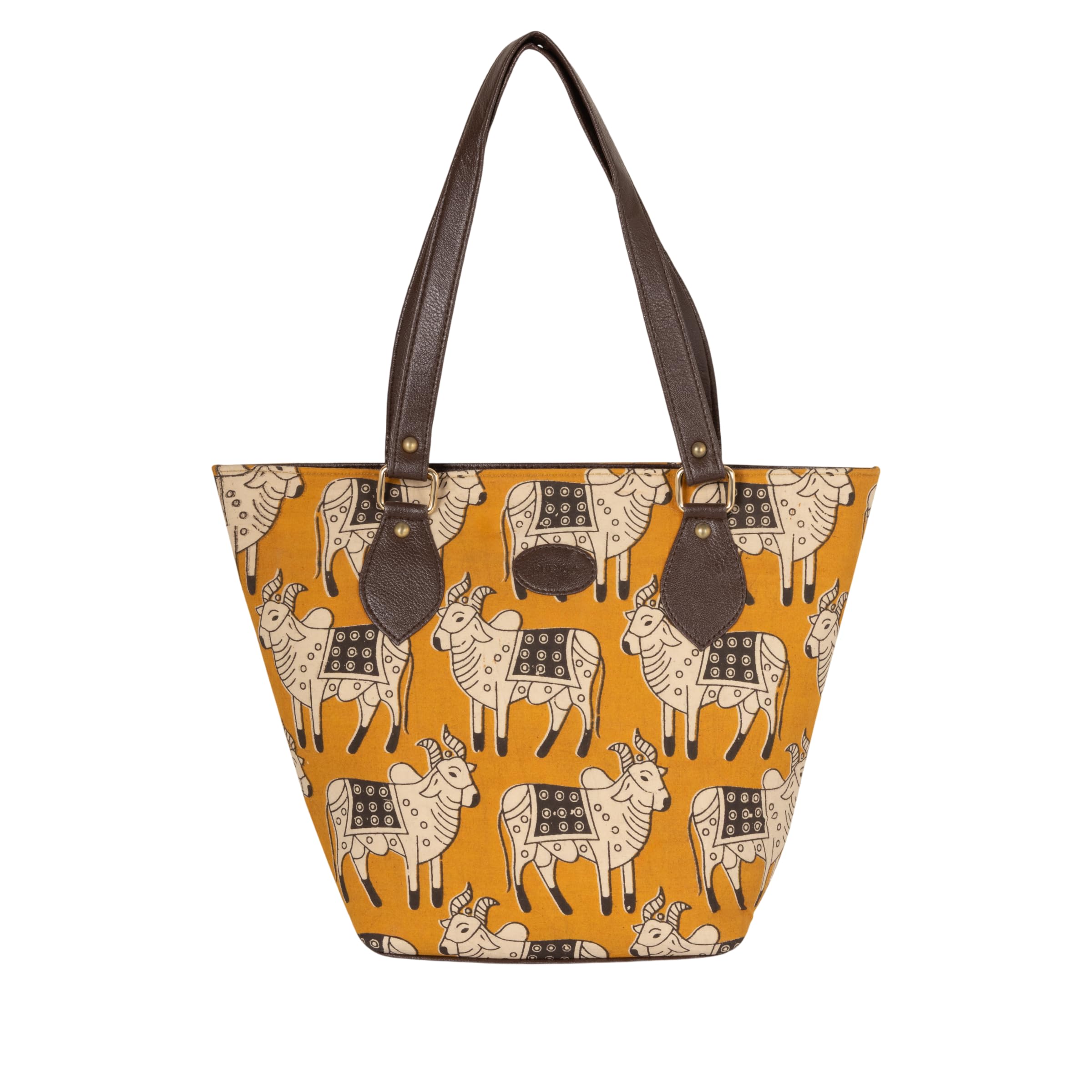 MUMBAI AT HERITAGE Adaa Women's Canvas Tote Bag with Traditional Pichwai Cow Motif Print, Large Capacity Shoulder Handbag with Faux Leather Straps for College Office Travel, Mustard Yellow