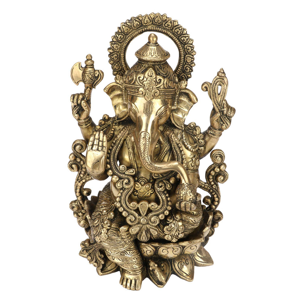 SVARUP Brass Ganesh Lord Ganesha Mangalkari Sitting on Lotus for Puja Decor Gift 12 Inch