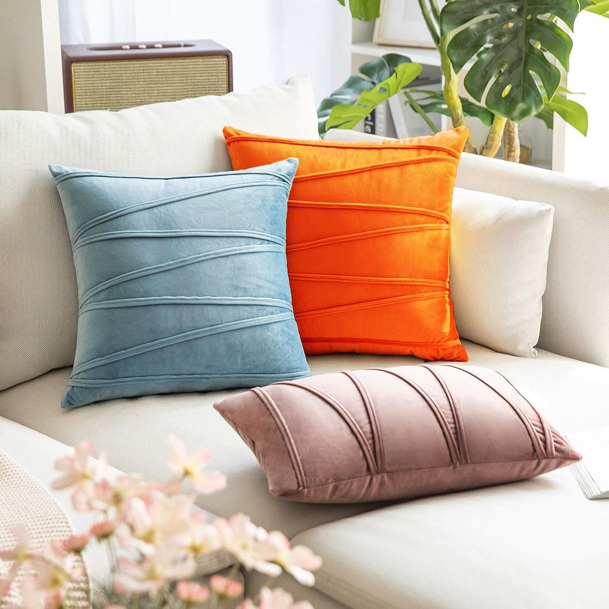 Khooti Velvet Striped Cushion Cover Pack of 1-24X24/61X61 Cm | Orange | Soft Pillow Covers Cushion Case for Sofa Bedroom Living Room Chair Car, Cushion Cover with Zig Zag Pattern