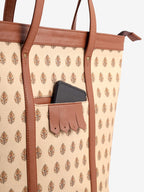KALOOM Women’s Tote Bag with Zip Closure | Cotton Canvas & Vegan Leather Shoulder Bag | Spacious Printed Handbag with Outer Pocket for Office, Travel & Everyday Use (Beige)