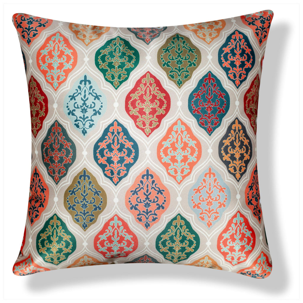 Vendola Decorative Satin Sofa Cushion Covers Set of 5, 20 Inch x 20 inch, Sofa Pillow Cover, Ethnic Festive, Red, Yellow, Beige, Namaskar Welcome, Zipper Closure (Namaskar, 20X20 Inches)