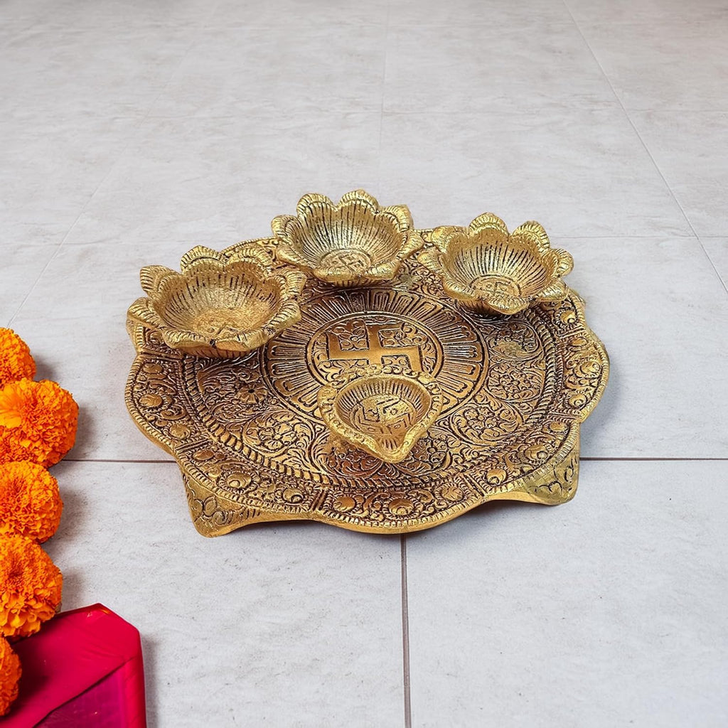KridayKraft Metal Pooja Thali with Diya for Pooja Home/Temple/Mandir,Decorative Showpiece Pooja Thali Set for Diwali Poojan Wedding Gift Article