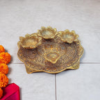 KridayKraft Metal Pooja Thali with Diya for Pooja Home/Temple/Mandir,Decorative Showpiece Pooja Thali Set for Diwali Poojan Wedding Gift Article