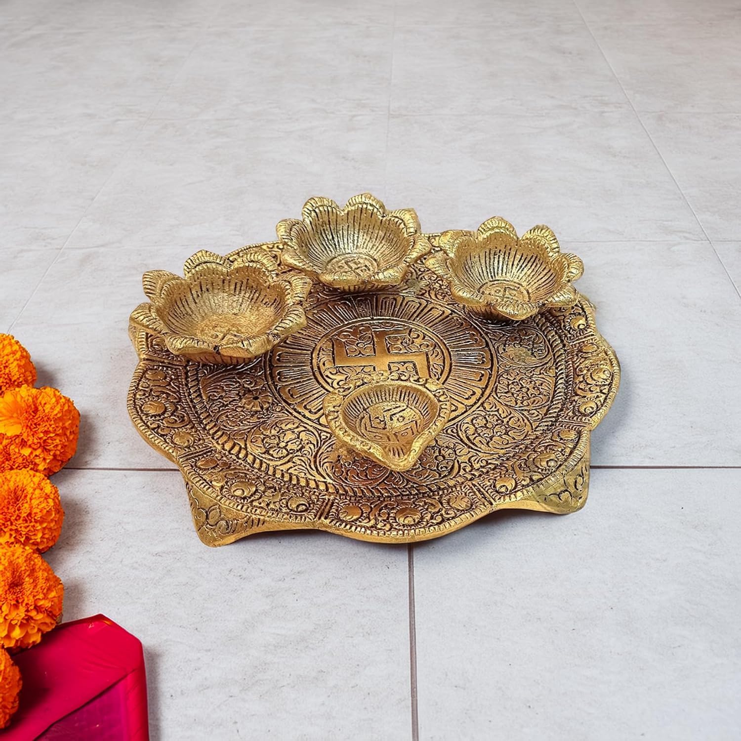 KridayKraft Metal Pooja Thali with Diya for Pooja Home/Temple/Mandir,Decorative Showpiece Pooja Thali Set for Diwali Poojan Wedding Gift Article