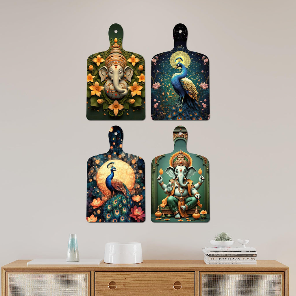 Artvibes Lord Ganeshji & Peacock Divine Modern Art Auspicious Wooden Art Work Wall Hanging | Spiritual Decor Items | Wall Illustrations| Stylish Modern Decor Item | Ideal Gifts (WH_5637N), Set of 4