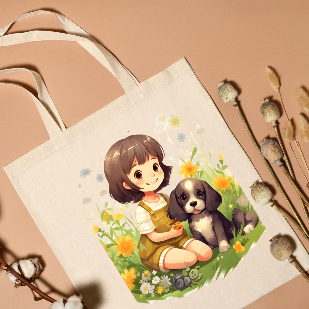 Metsi Canvas Tote Bag - Zipper Pocket With Girl and Puppy Print for Women 13x15 Inch, Eco-Friendly Multi-Purpose Cotton Tote Bag for Shopping, School, Beach, Groceries DIY Painting Gift Use - Design 4