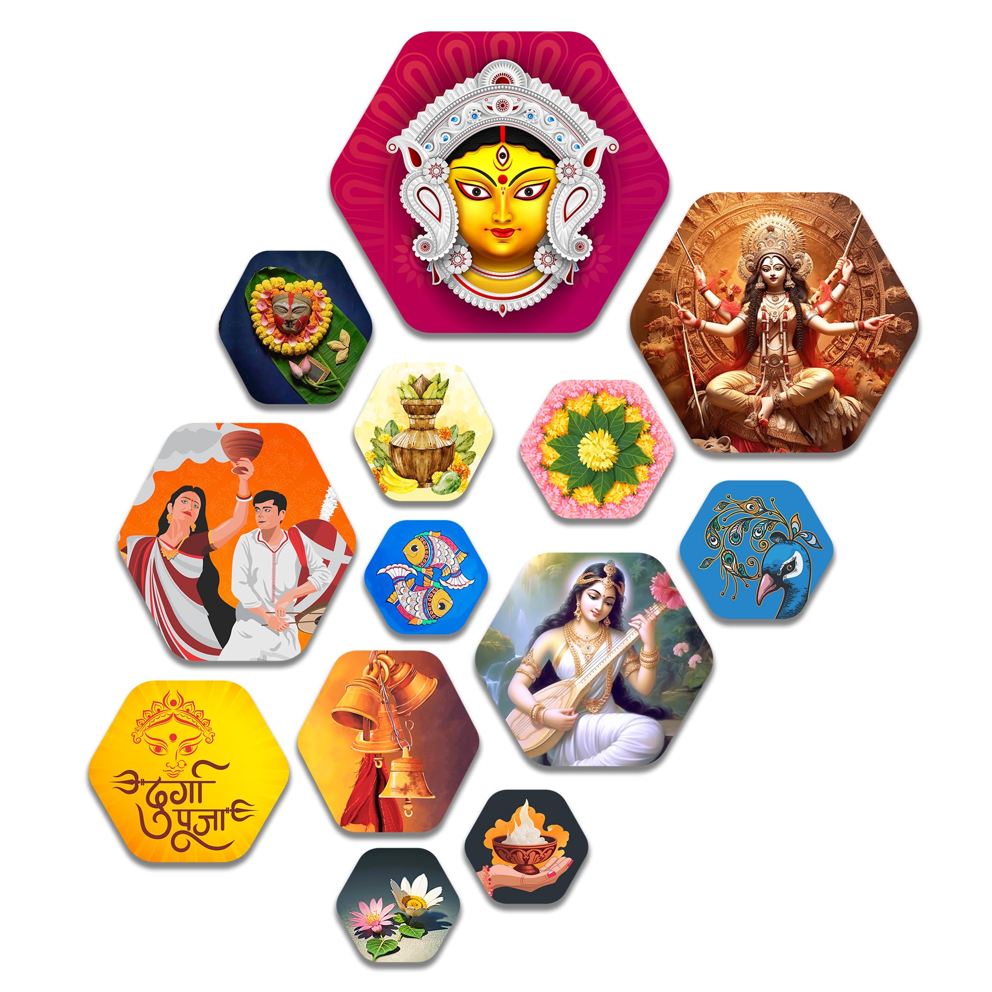Artvibes Hindu Goddess Hexagon Shape MDF Wooden Wall Decor Items | Spiritual Decor Items | Wall Sculpture | Signs & Plaques | Painting| Stylish Modern Decor Item | Gift Items (WPS_226N), Set of 13
