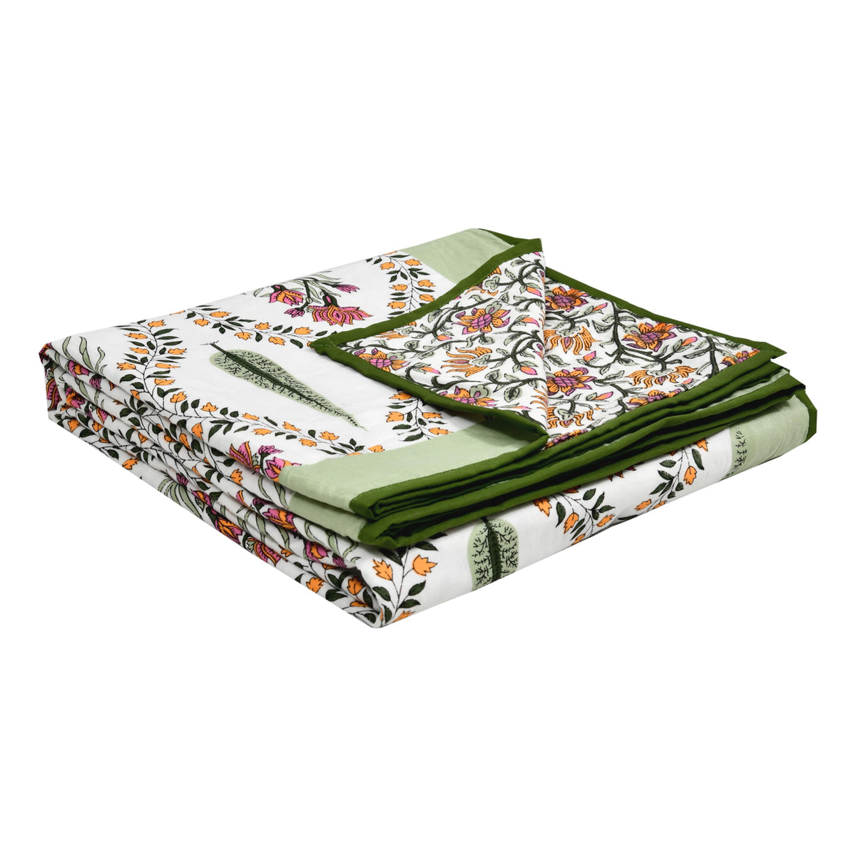 BLOCKS OF INDIA Hand Block Printed Cotton Single Size Reversible Malmal Dohar for Summer (Green Patti) Kafalo