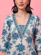 MAHUKAA Blue Floral V-Neck Straight Kurta with Screen Print