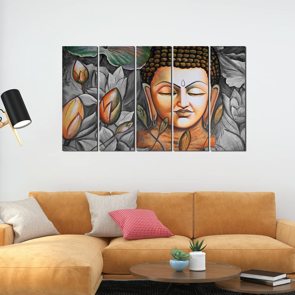 VIBECRAFTS Buddha Meditating 5 Pieces Canvas Wall Painting For Home | Office | Living Room | Gift (PTVC5Pcs4_8553)