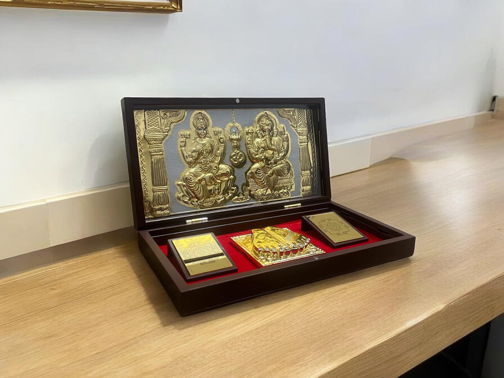 CharmInSilver 24k Gold Plated & 999 Pure Silver Coated | Jay Shri Laxmi Ganesh Charan Paduka Pooja Box | Packet Temple | Suitable Gift for Diwali,Occassions,Wealth,Prosperity & Vastu Benefits
