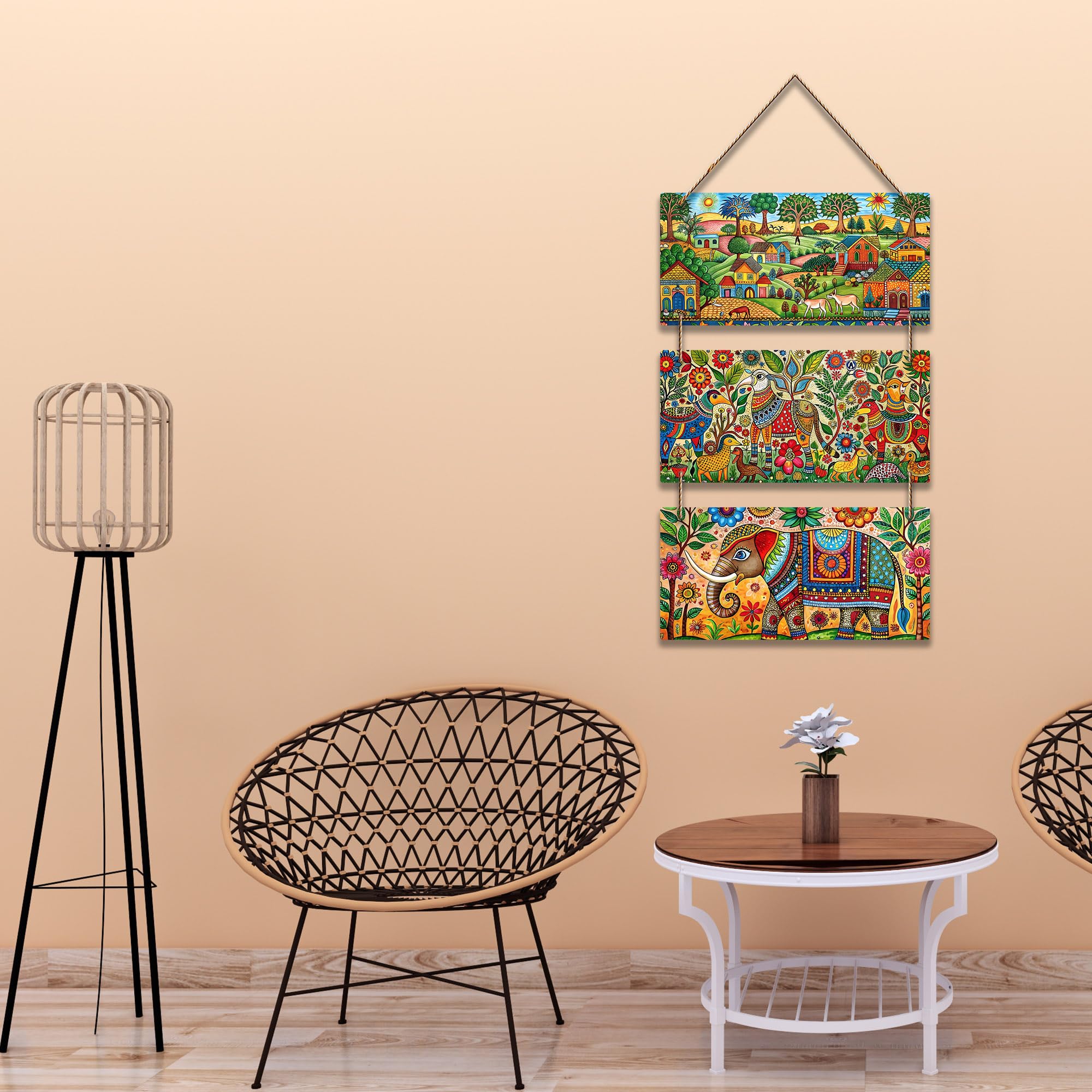 Artvibes Madhubani Village Life Decorative MDF Wooden Wall Art for Home | Living Room | Office | Cafe | Painting Wall Decor | Aesthetic Wooden Decor | Handcrafted Art | Ideal Gifts (WH_9443N)