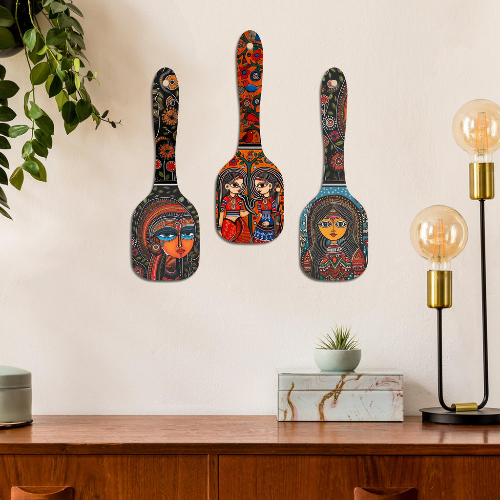 Artvibes Madhubani Women Portrait Spatula Shape Wooden Wall Hanging | Madhubani Wall Paintings | Wall Accent | Gift Items | Aesthetic Wooden Decor | Ethnic Wall Decor (WH_11001N), Set of 3