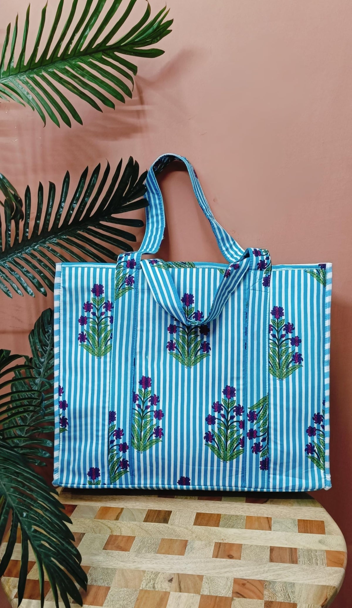 HOUSE OF GULAB Green Pink Cotton Tote Bag Reusable Shopping Bag Printed Canvas Cloth Carry Bag with Long Handle for Women & Men Eco Friendly Grocery Storage Travel Bag 15x18 Inch (Green & Pink)
